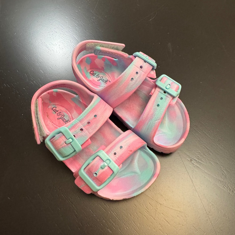 Cat & Jack Kids Sandals Size 6 Pink Blue Tie Dye Adjustable Buckle - Picture 2 of 5